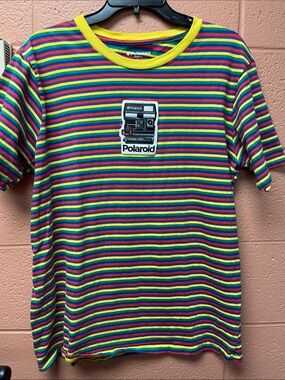 Retro Polaroid Rainbow Striped Tee with Camera Patch
